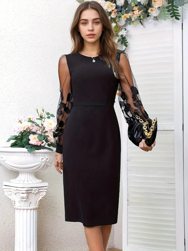 Women's Long Sleeve Midi Dress with Sheer Floral Detail