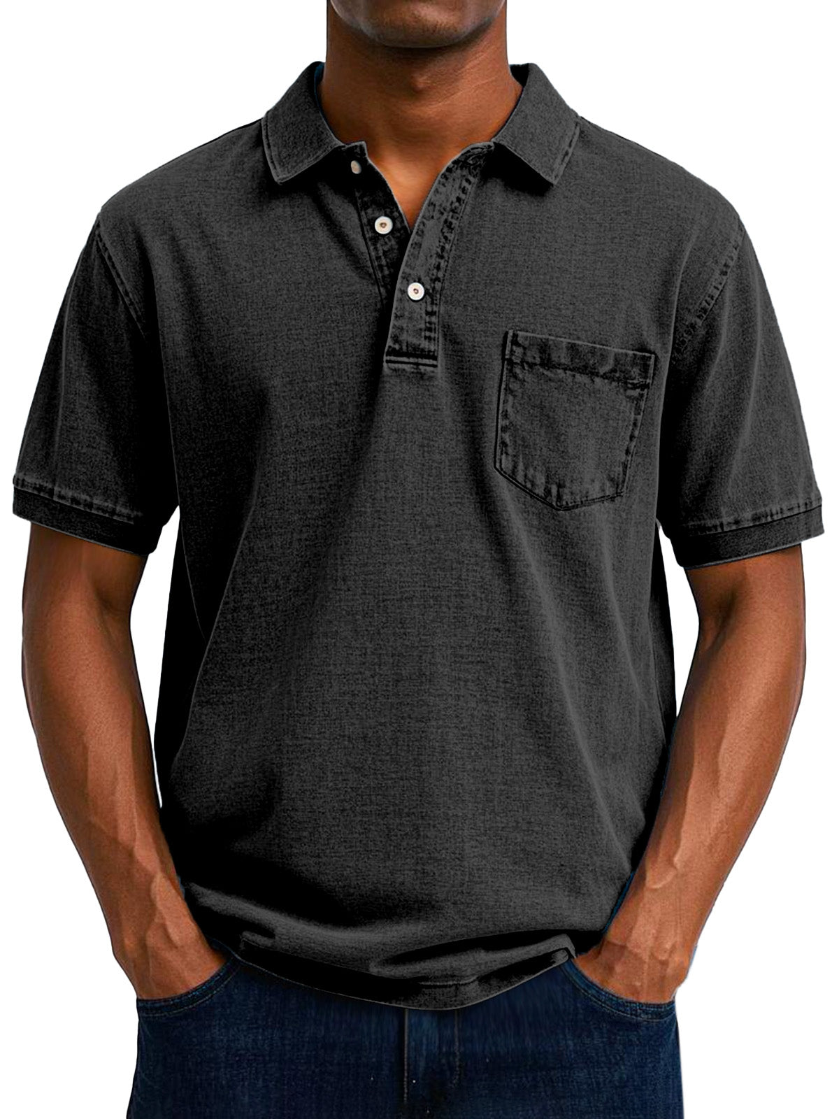 Men's Relaxed Fit Denim Polo Shirt with Chest Pocket Detail