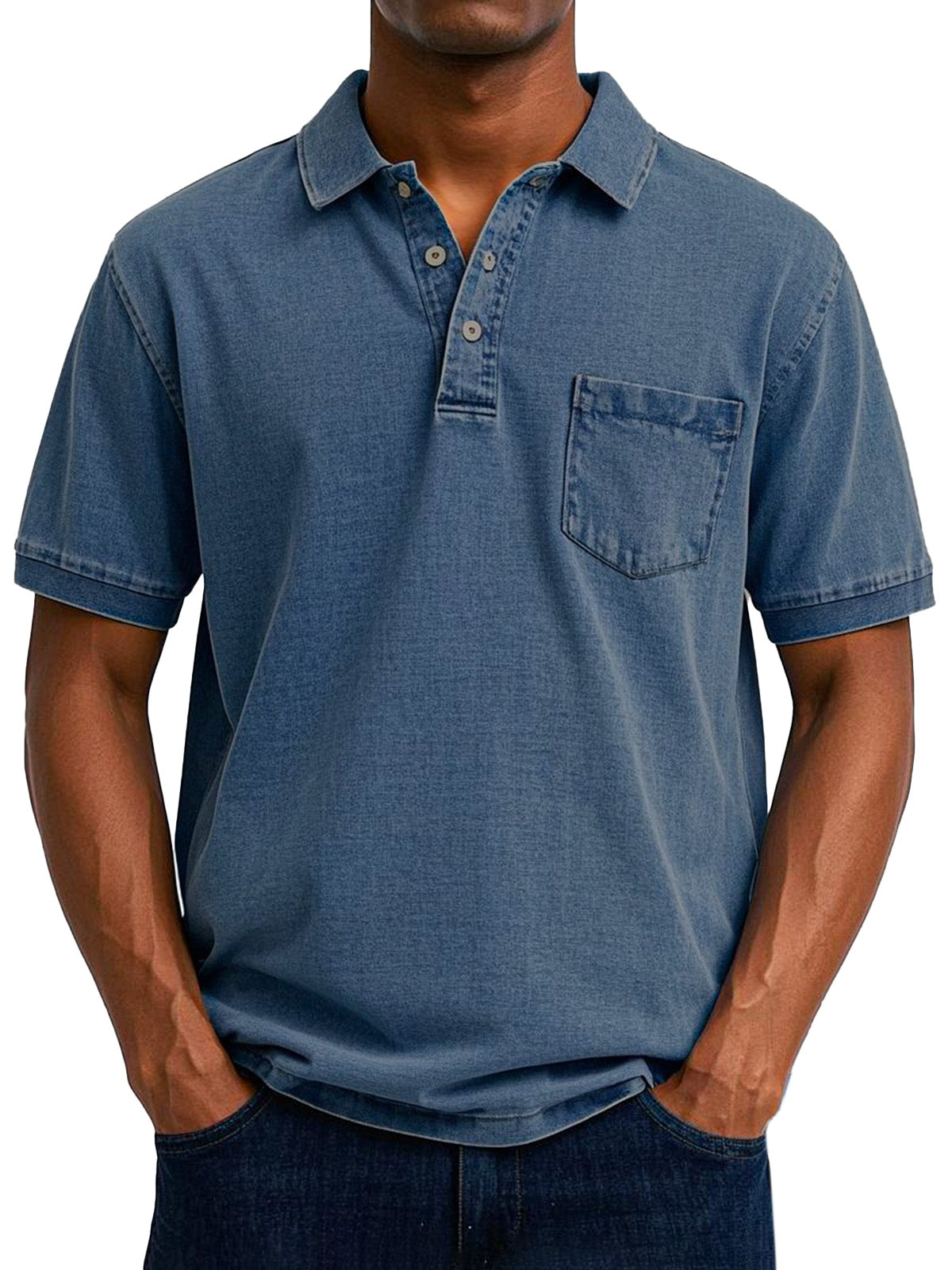 Men's Relaxed Fit Denim Polo Shirt with Chest Pocket Detail