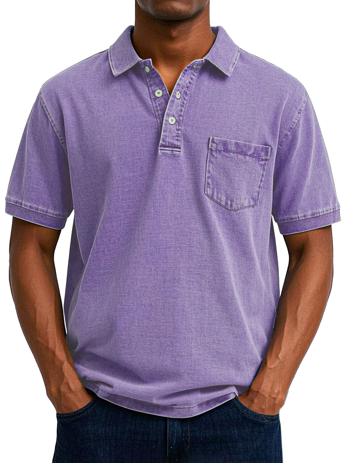 Men's Relaxed Fit Denim Polo Shirt with Chest Pocket Detail