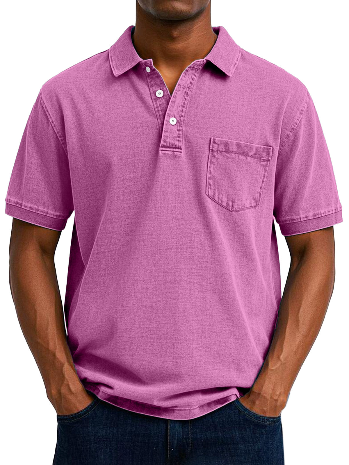 Men's Relaxed Fit Denim Polo Shirt with Chest Pocket Detail