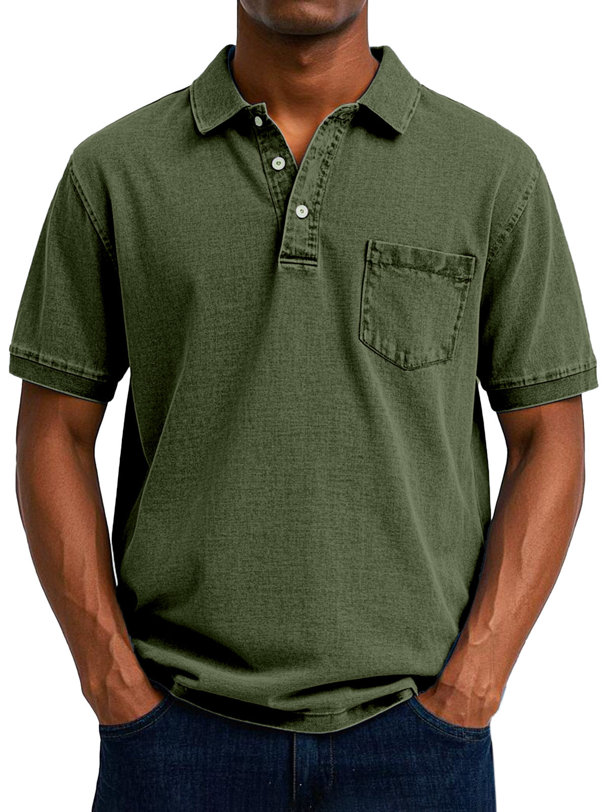Men's Relaxed Fit Denim Polo Shirt with Chest Pocket Detail