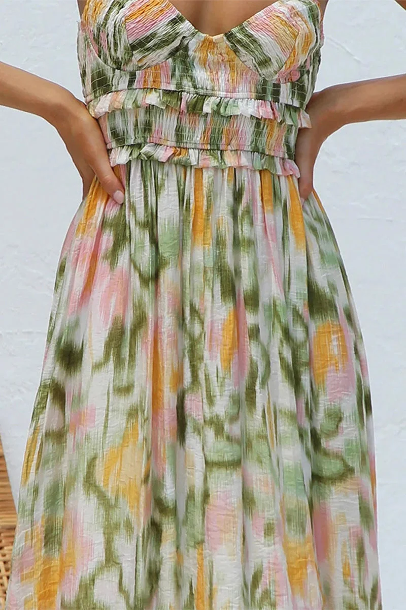 Women's Printed Maxi Dress with Spaghetti Straps and Side Slit