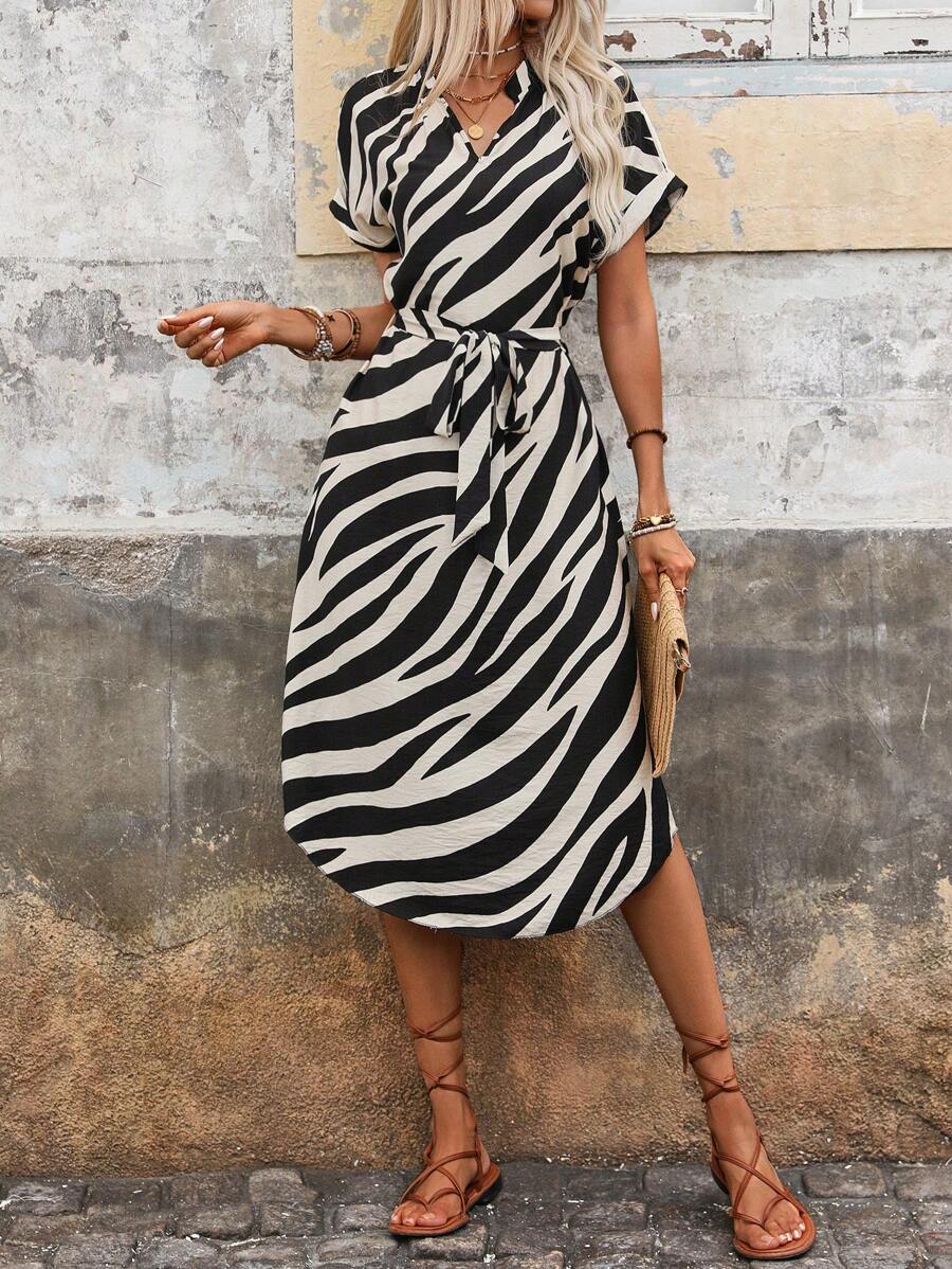 Women's Zebra Print Short Sleeve Midi Dress with Waist Tie