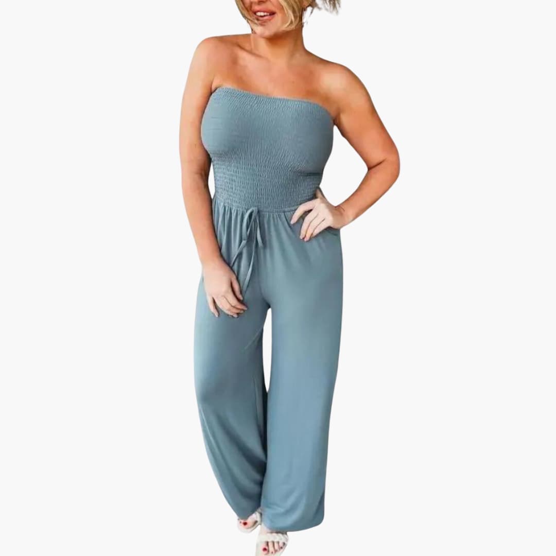 Women's Strapless Wide-Leg Jumpsuit with Smocked Bodice Waist