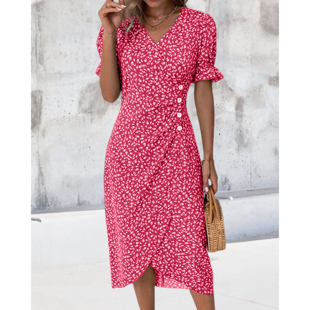 Summer Midi Dress for Women with Puff Sleeves and Buttons