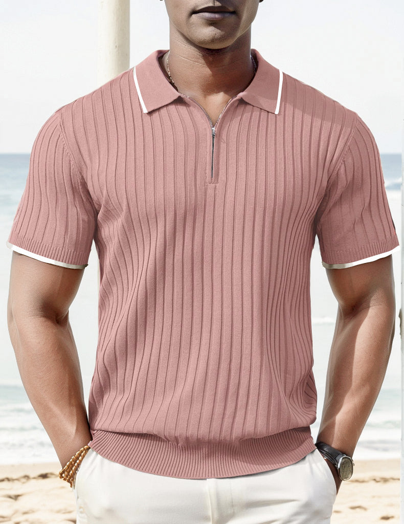 Men's Ribbed Short-Sleeve Zip Polo Shirt with Contrast Trim