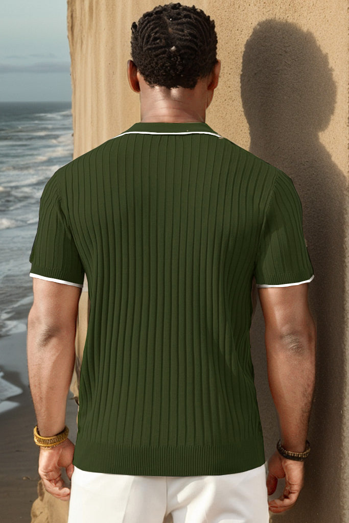 Men's Ribbed Short-Sleeve Zip Polo Shirt with Contrast Trim