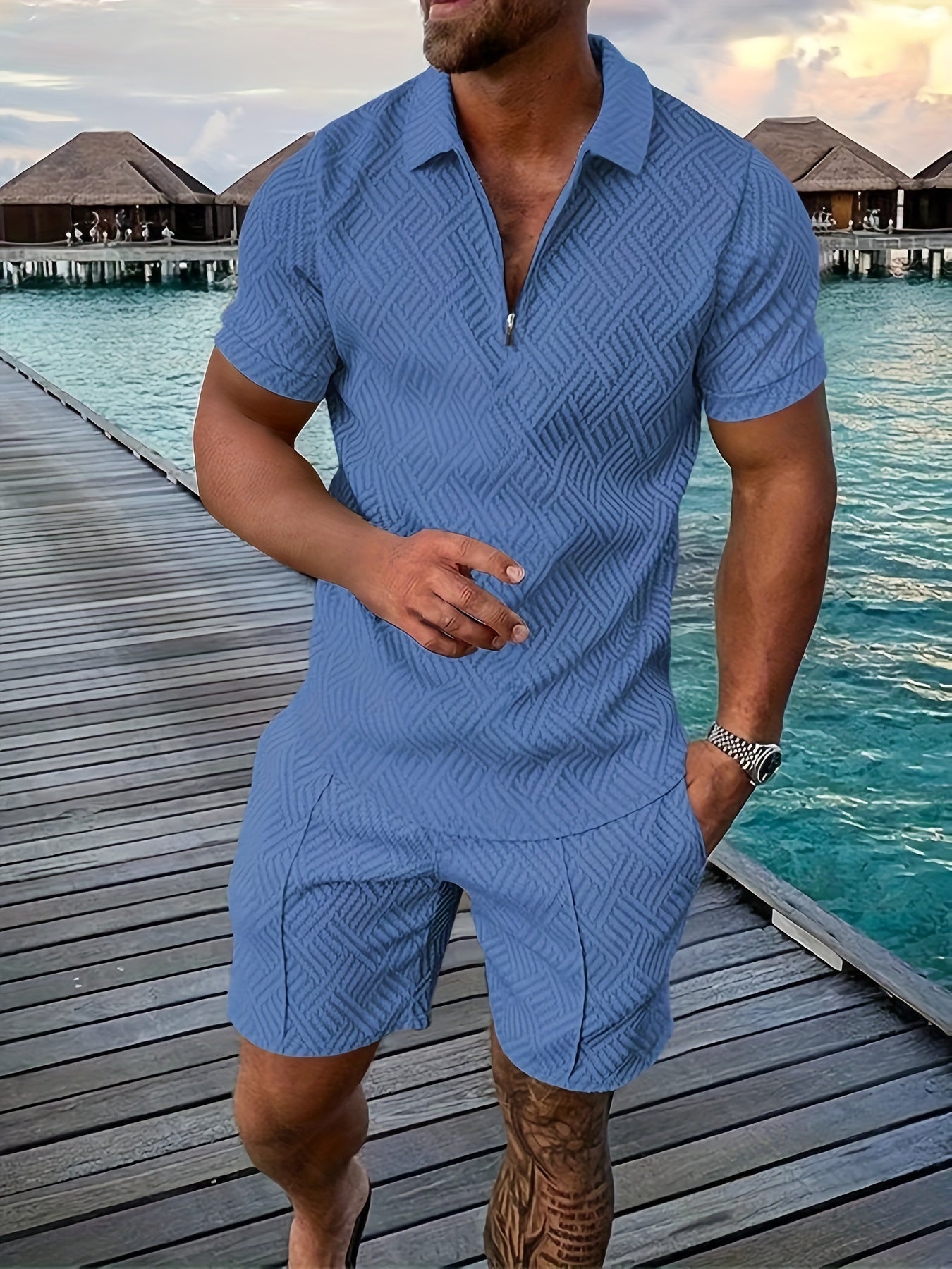 Men's Geometric Zip-Up Set for Casual Style