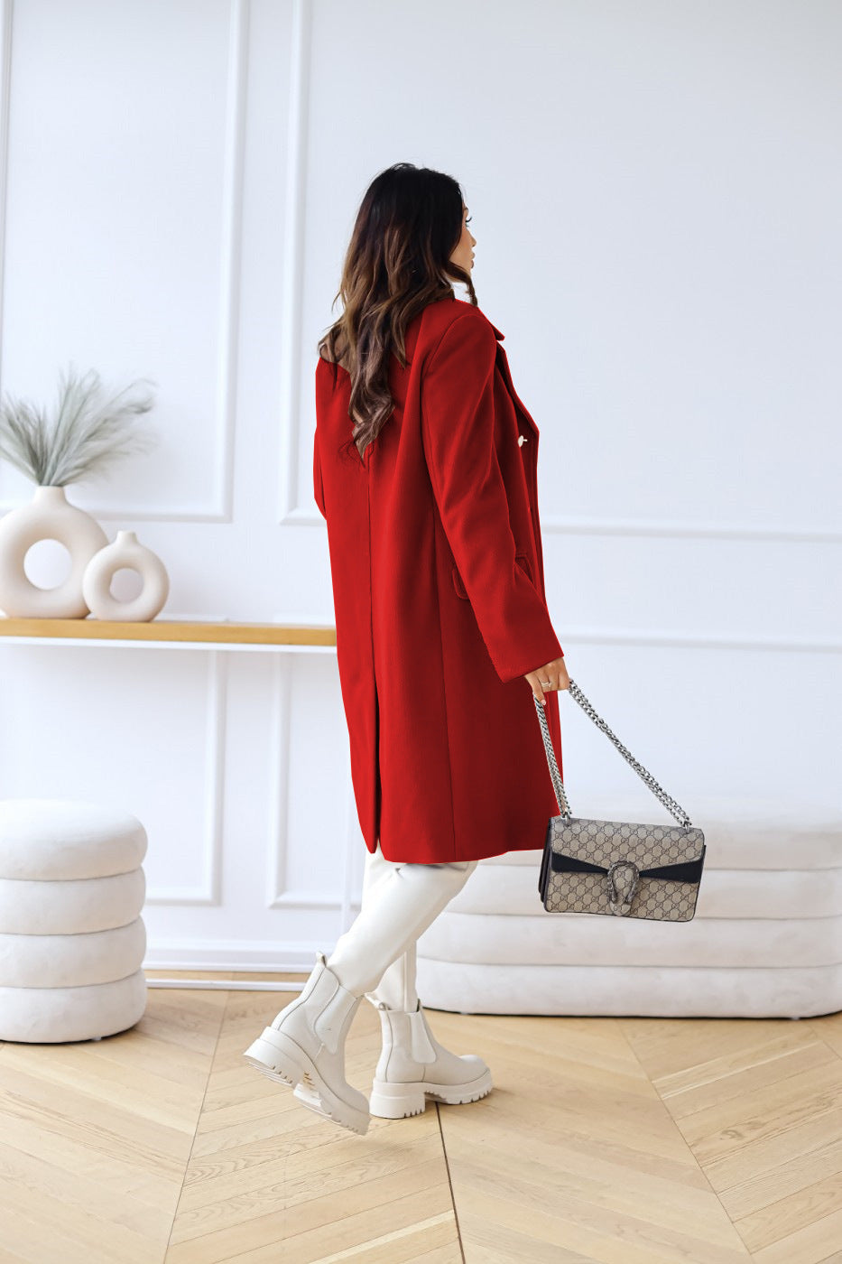 Women's Double-Breasted Long Coat with Gold Button Accents