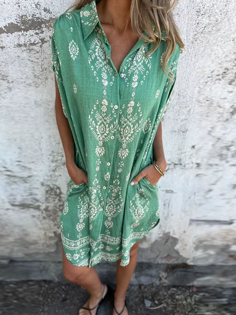 Women's Vintage Button-Down Floral Midi Dress with Collar and Side Pockets