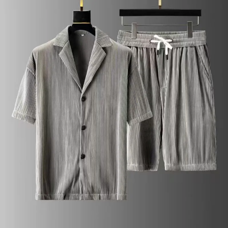 Men's Two-Piece Set with Ribbed Button Shirt and Drawstring Shorts