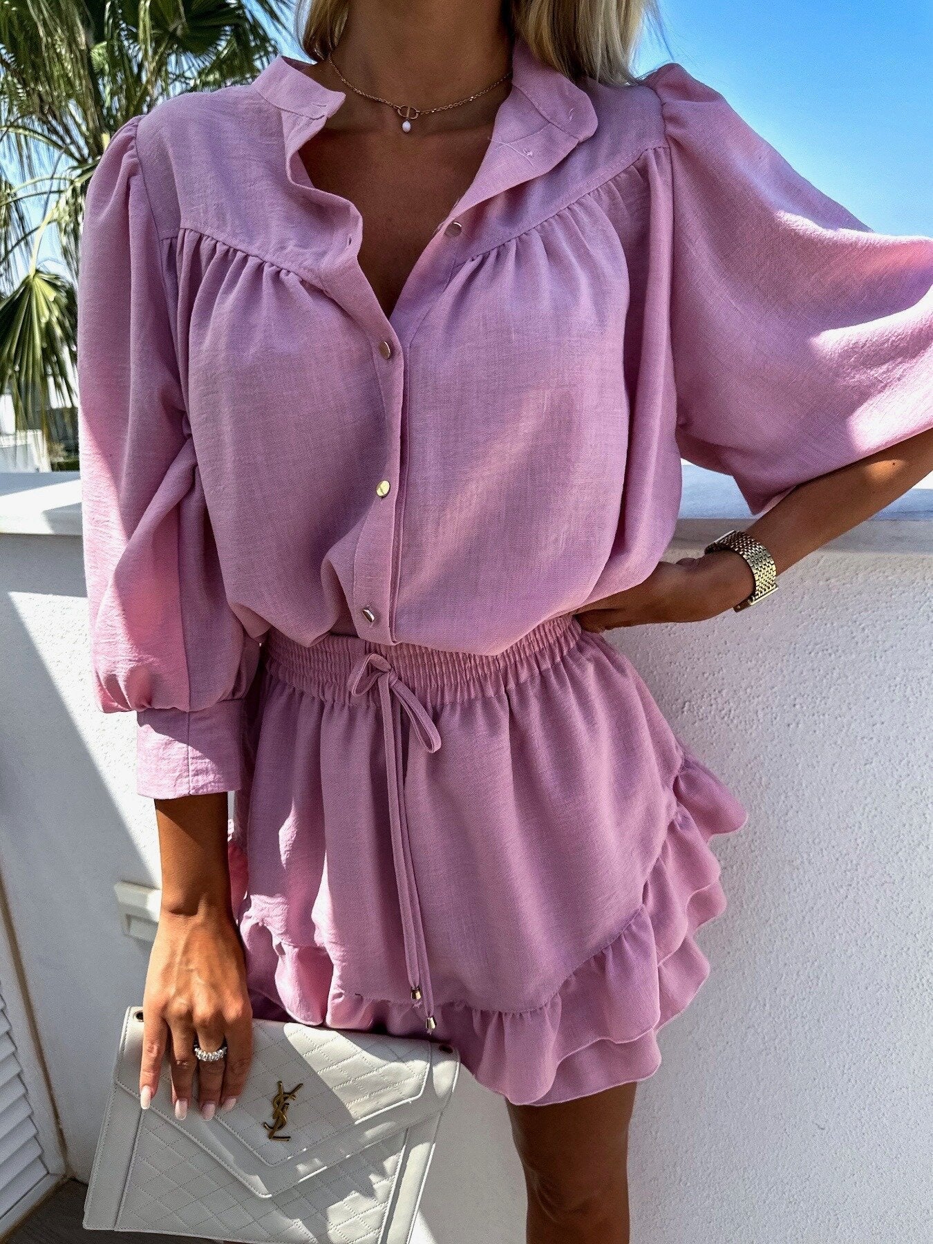 Women's Two-Piece Set with Button Top and Ruffle Hem Shorts
