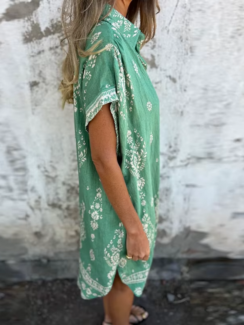 Women's Vintage Button-Down Floral Midi Dress with Collar and Side Pockets