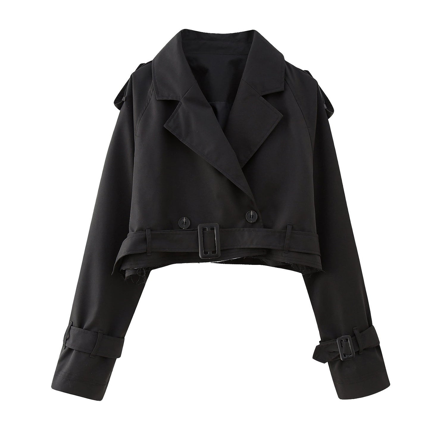 Women's Cropped Jacket with Belted Cuffs and Boxy Silhouette