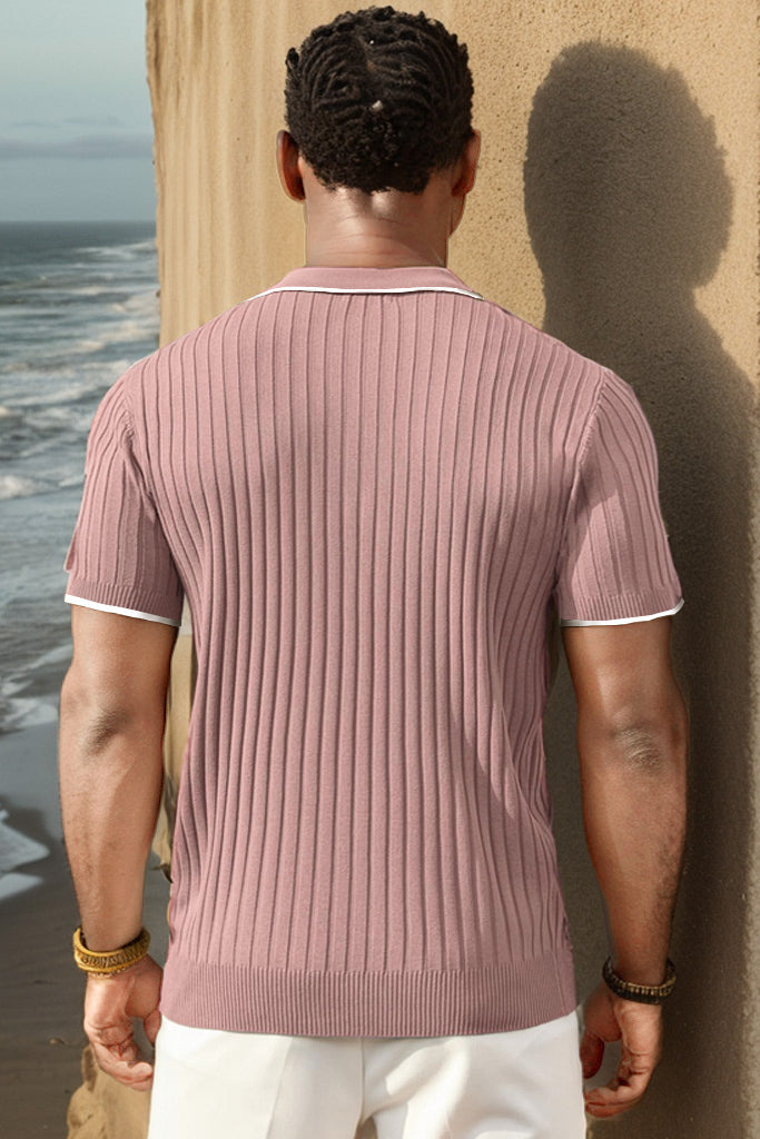 Men's Ribbed Short-Sleeve Zip Polo Shirt with Contrast Trim