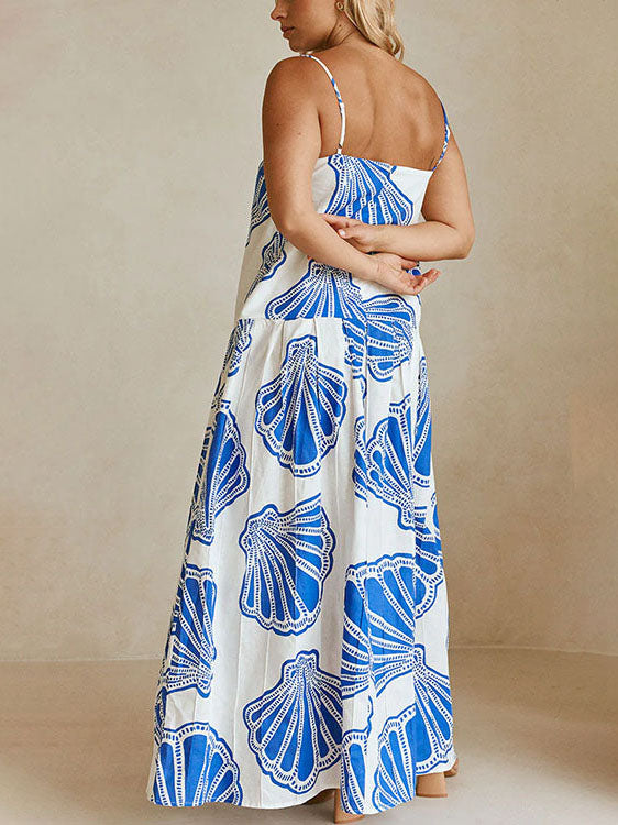 Women's Casual Ocean Shell Print Sling Maxi Dress