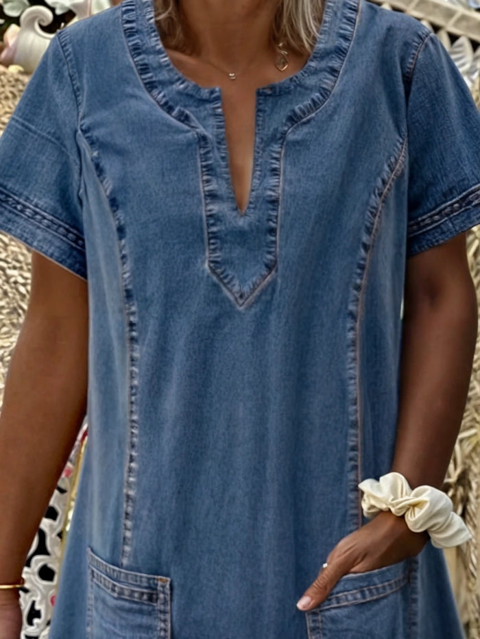 Women’s Casual Mini Dress with Functional Pockets and Short Sleeves