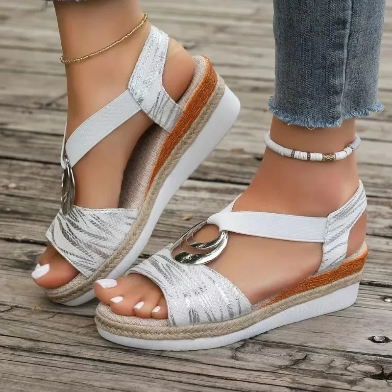 Women's Chic Wedge Sandals with Decorative Ring and Adjustable Strap