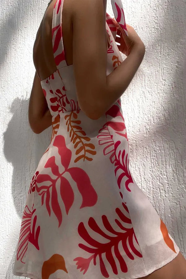 Women's Tropical Print Mini Dress with Adjustable Shoulder Ties