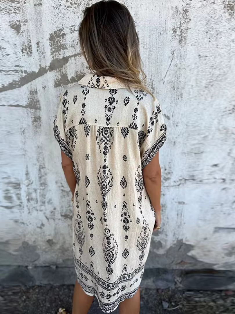 Women's Vintage Button-Down Floral Midi Dress with Collar and Side Pockets