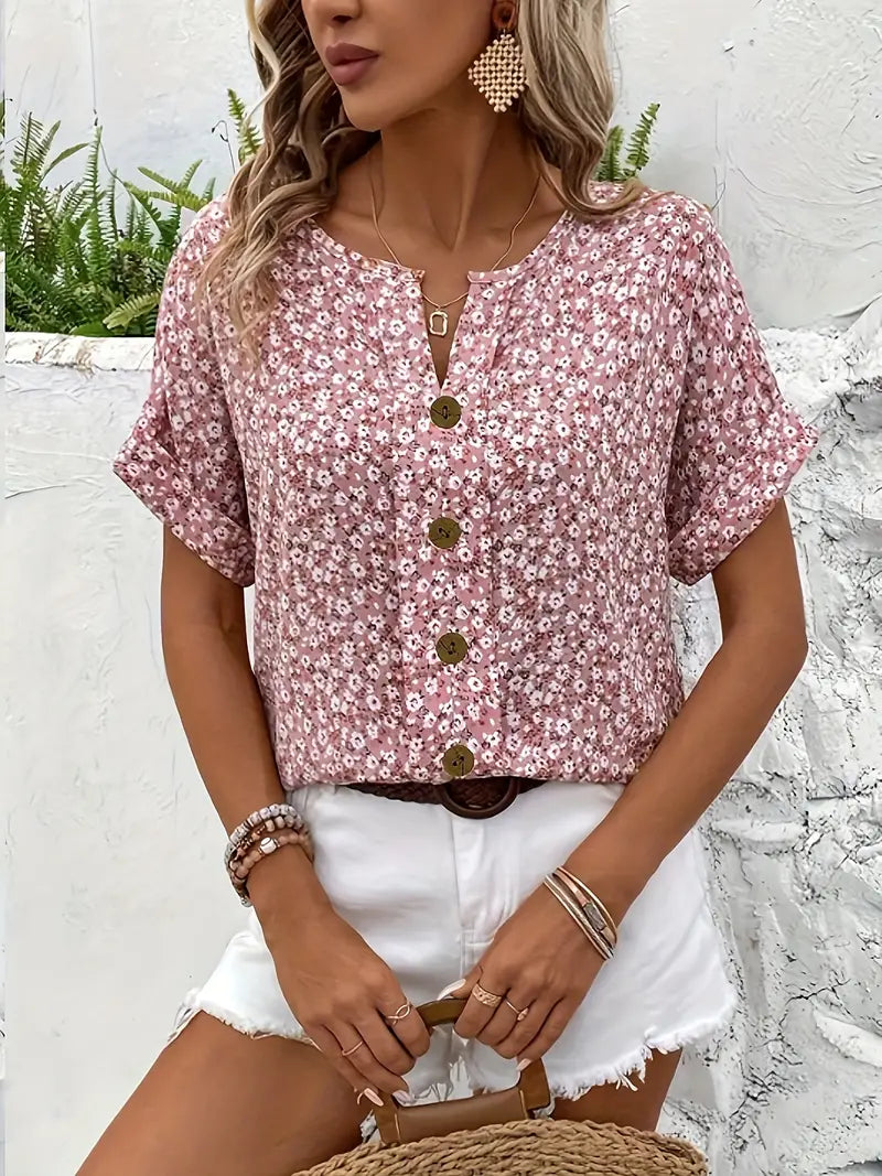 Women's Short-Sleeve Floral Button-Front Blouse