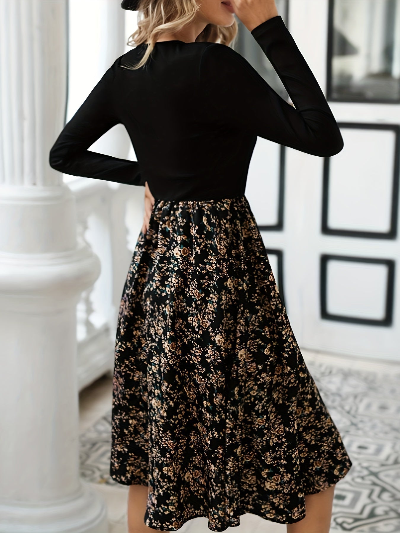 Women's Long-Sleeve Floral A-Line Midi Dress with V-Neck