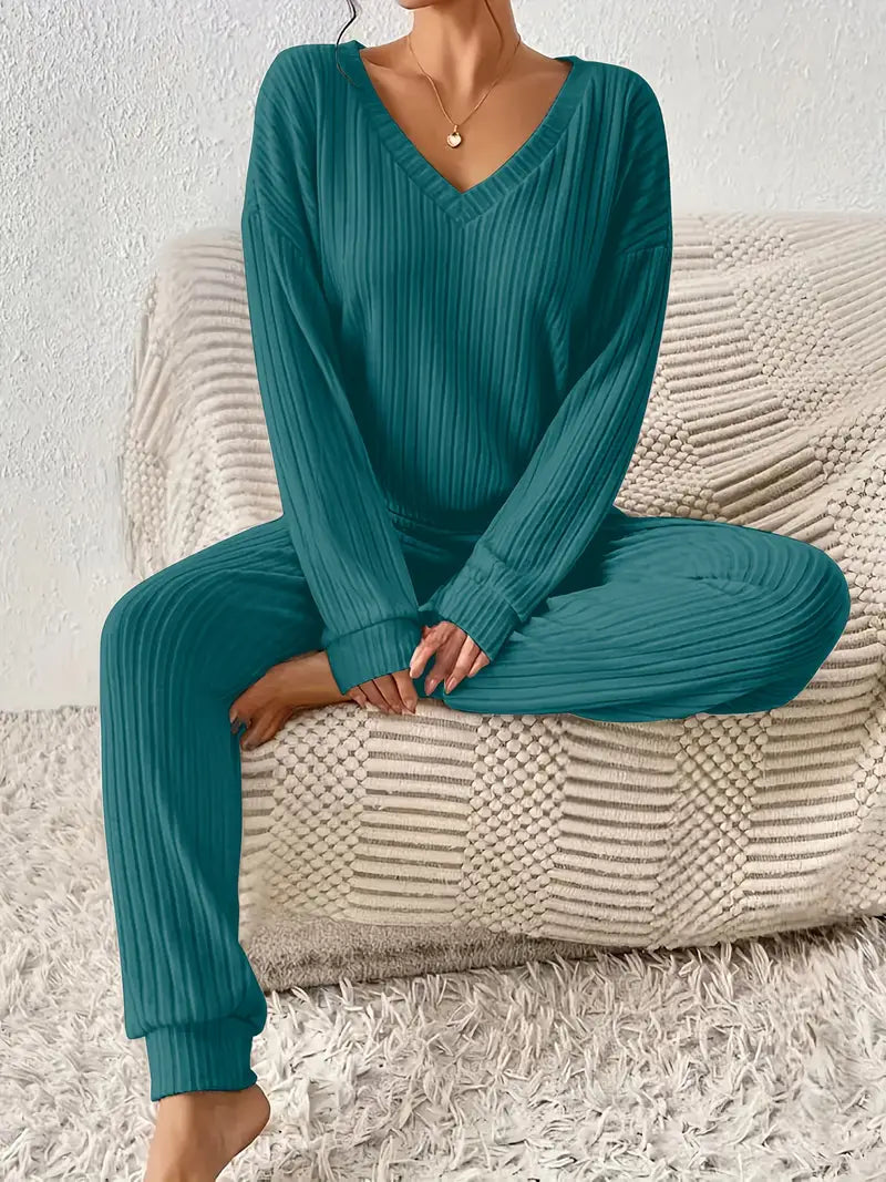 Women's 2-Piece Loungewear Set with Ribbed Long Sleeve Top and Pants