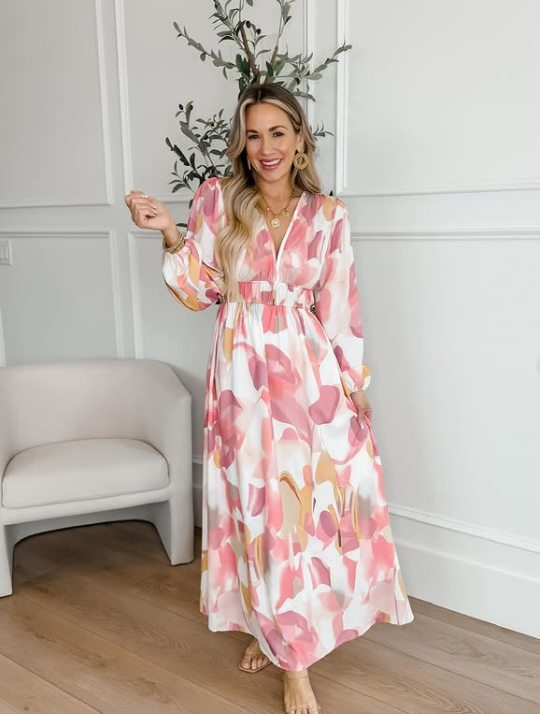 Women's Long Sleeve V-Neck Maxi Dress with Cinched Waist and Print