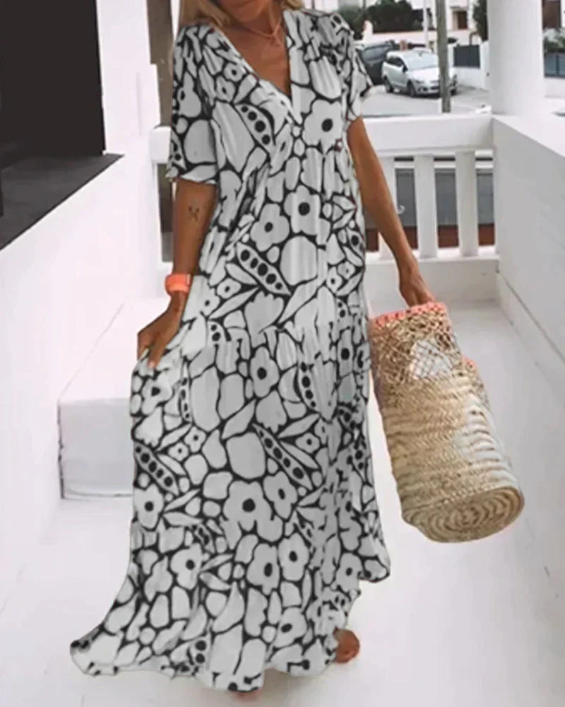 Women's Short-Sleeve V-Neck Maxi Dress with Graphic Floral Print