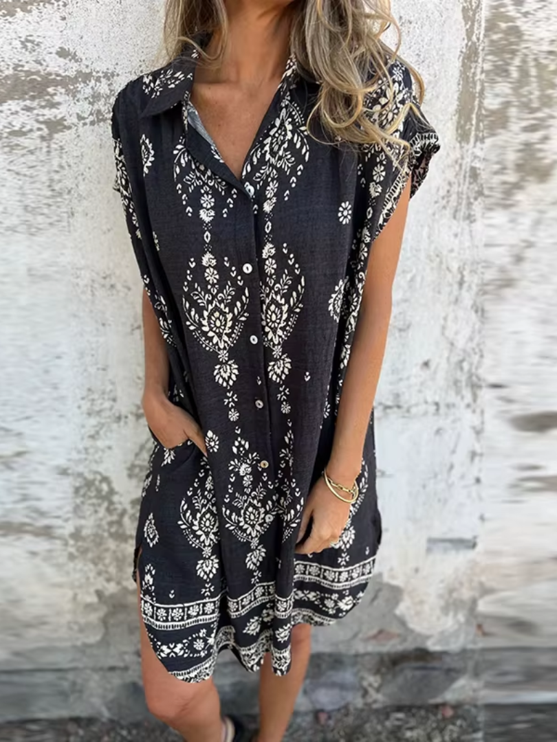 Women's Vintage Button-Down Floral Midi Dress with Collar and Side Pockets