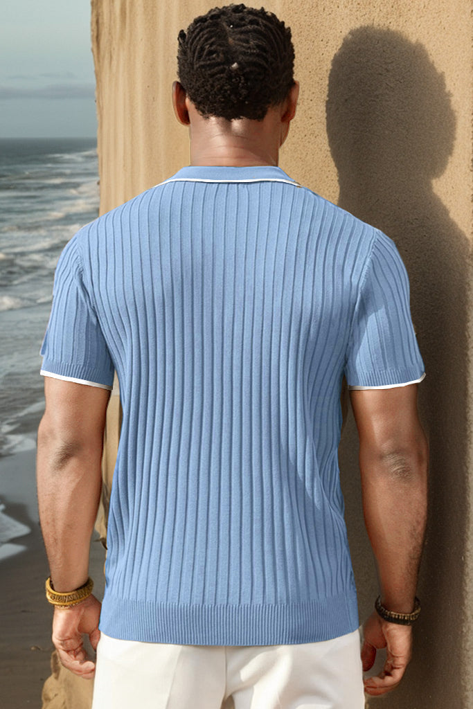 Men's Ribbed Short-Sleeve Zip Polo Shirt with Contrast Trim