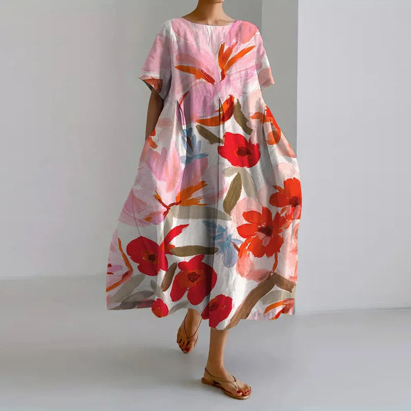 Women's V-Neck Floral Maxi Dress with Relaxed Fit and 3/4 Sleeves