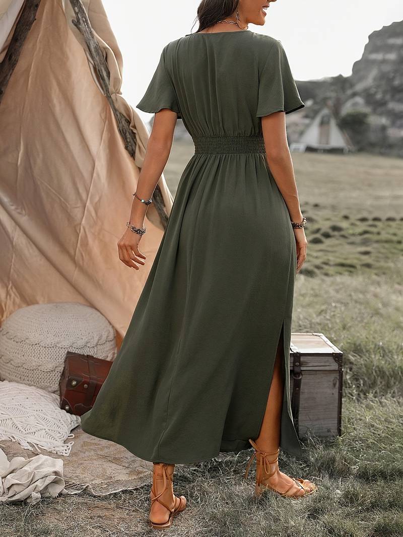 Women's V-Neck Maxi Dress with Elasticated Waist