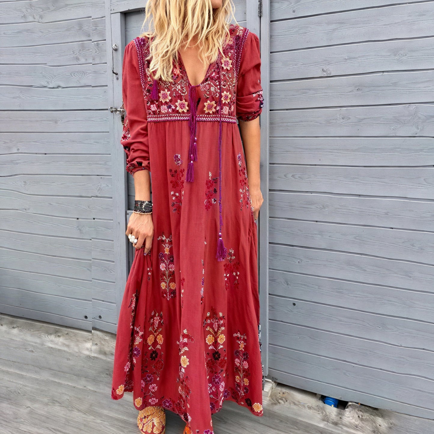 Women's Maxi Boho Dress with Embroidered Details and Tassel Accents