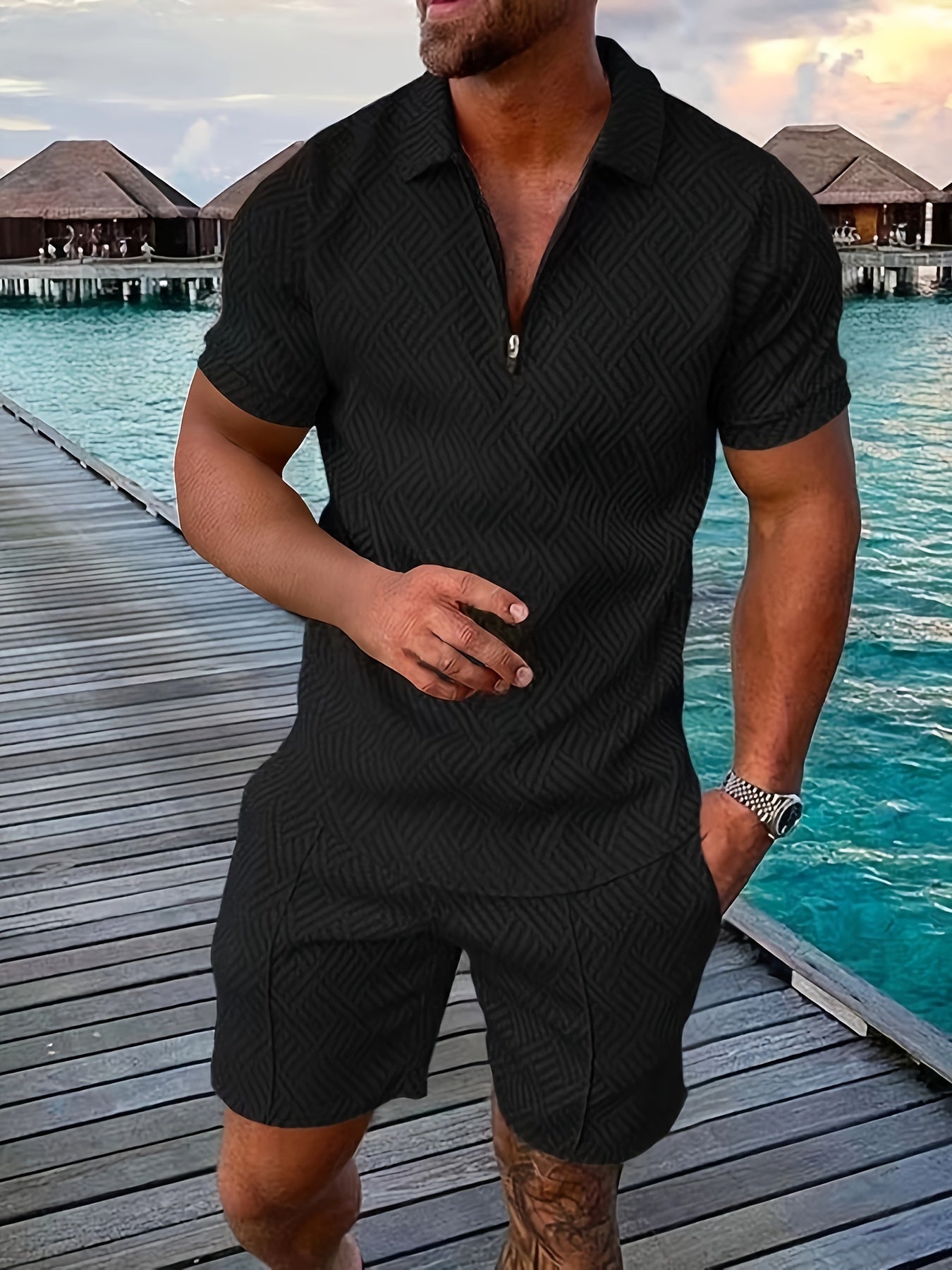 Men's Geometric Zip-Up Set for Casual Style