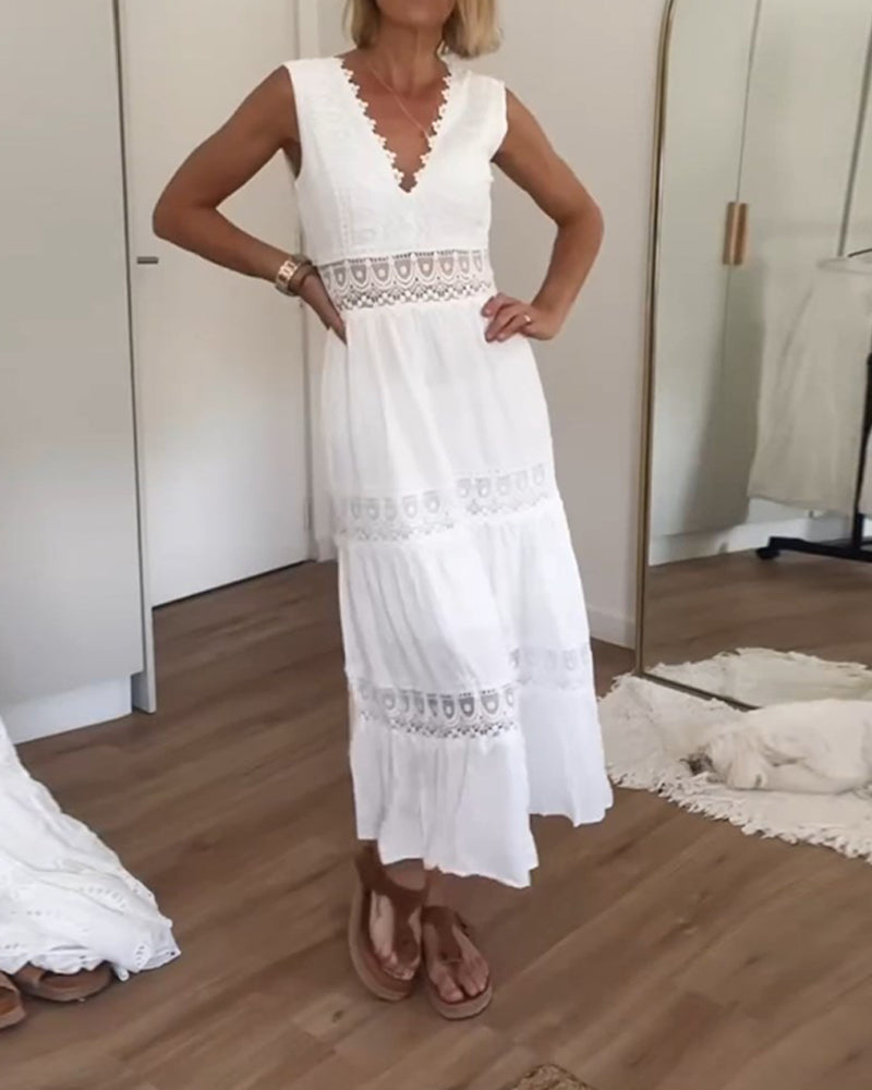 Women's White Lace-Trimmed Maxi Dress with V-Neck