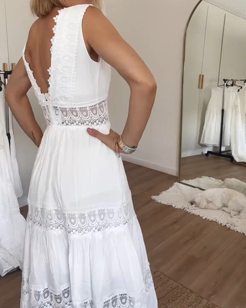 Women's White Lace-Trimmed Maxi Dress with V-Neck