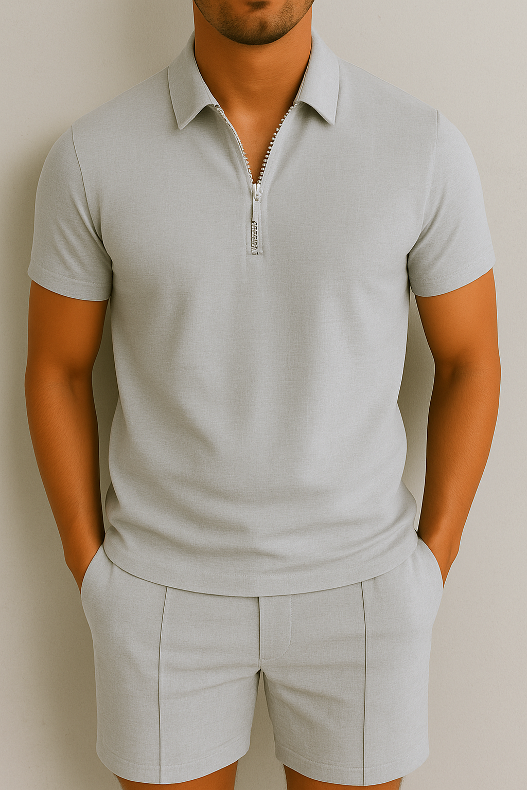 Men's Short Sleeve Polo Shirt with Zip Collar and Modern Fit