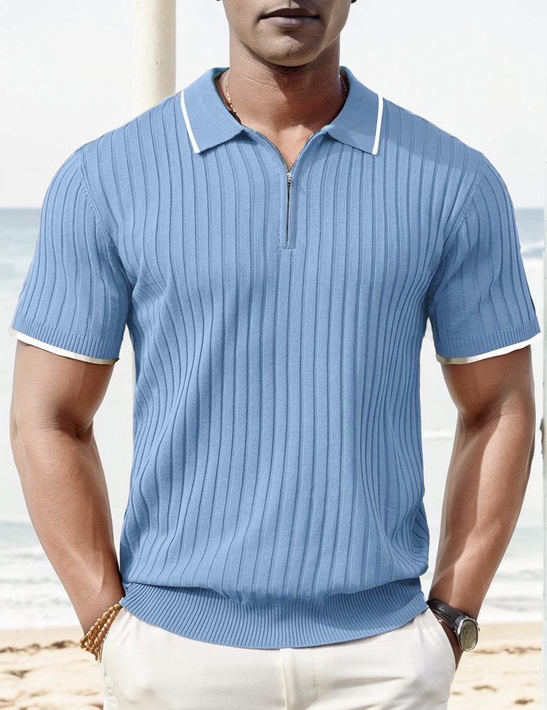 Men's Ribbed Short-Sleeve Zip Polo Shirt with Contrast Trim