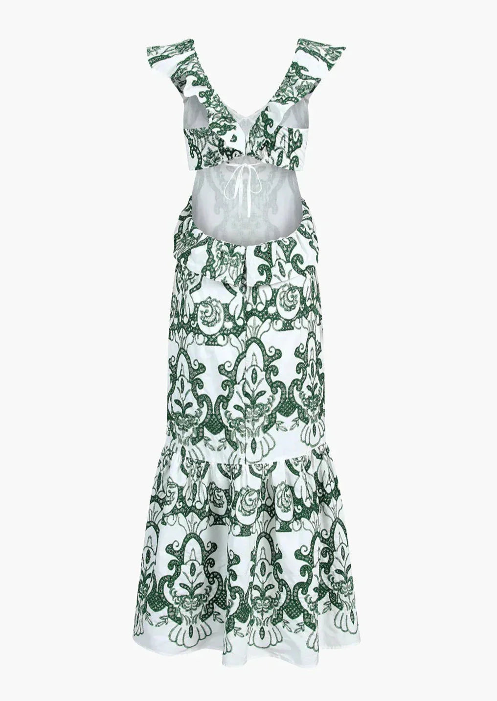 Women's Ruffled Backless Maxi Dress with Vintage-Inspired Print