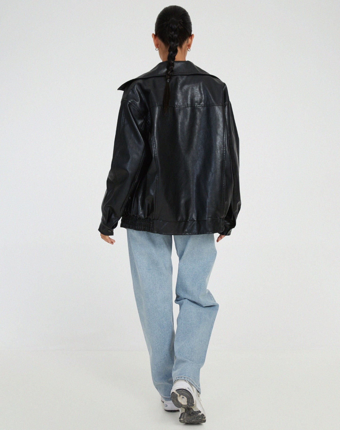 Women's Zip-Up Leather Jacket with Relaxed Fit and High Collar