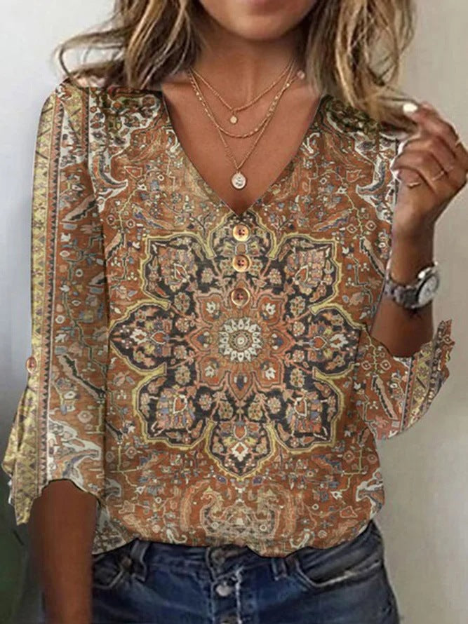 Women's Floral V-Neck Button-Down Blouse with Flowing Sleeves
