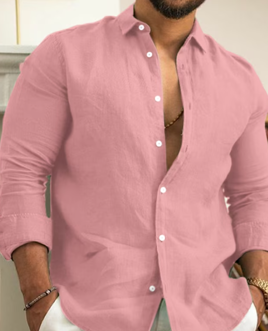 Men's Long Sleeve Button-Up Shirt with Spread Collar and Cuffs