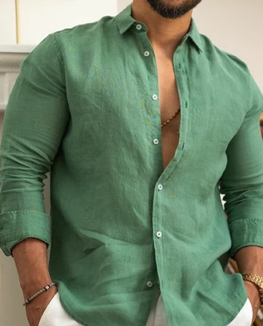 Men's Long Sleeve Button-Up Shirt with Spread Collar and Cuffs