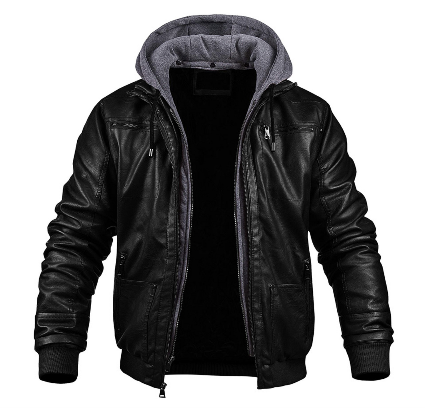 Men's Leather Jacket with Hood and Full Front Zip Closure