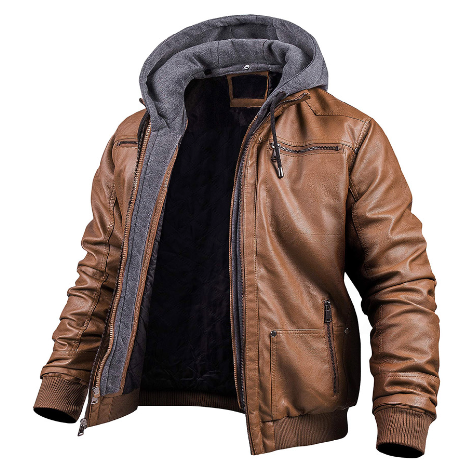 Men's Leather Jacket with Hood and Full Front Zip Closure
