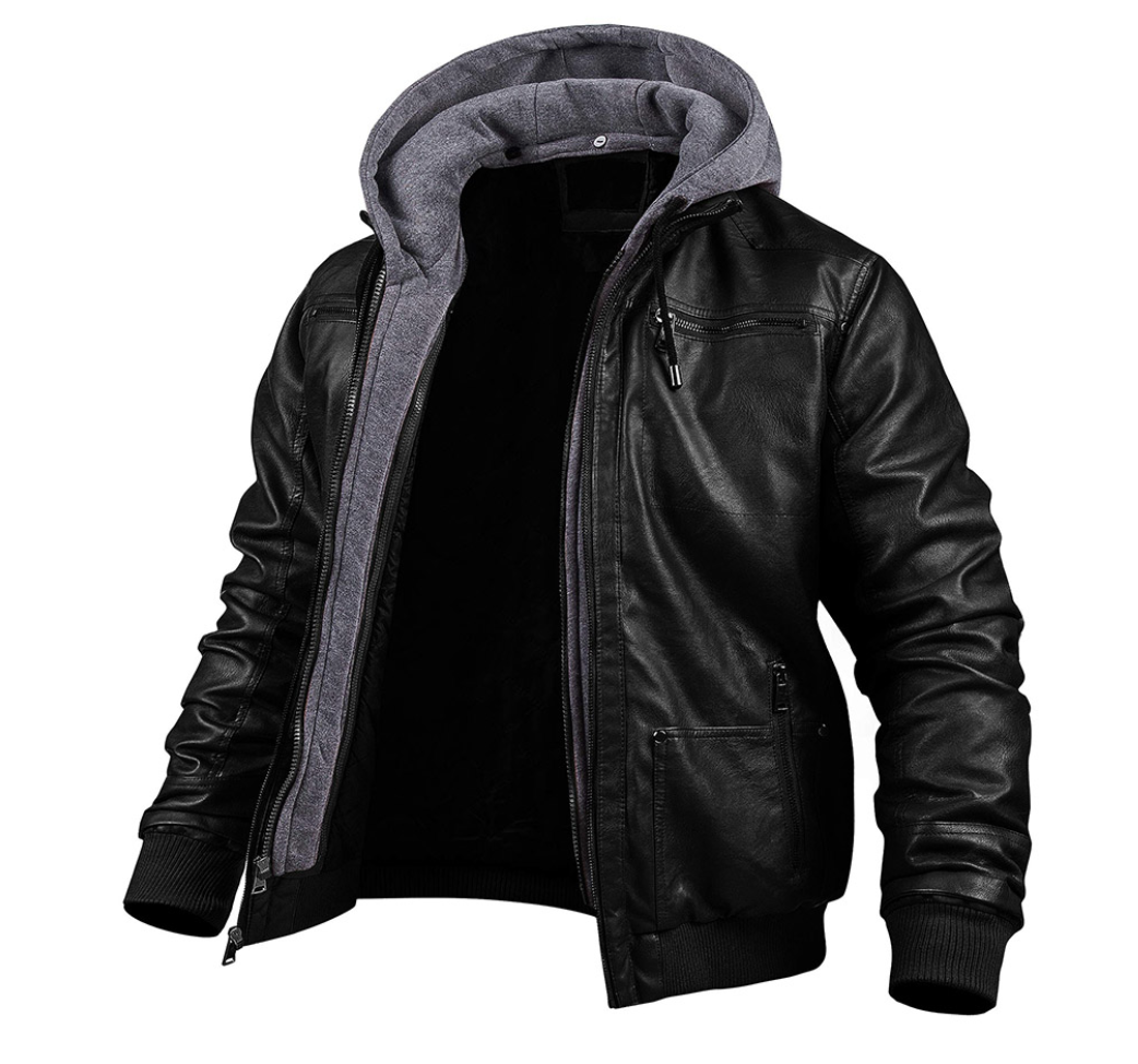 Men's Leather Jacket with Hood and Full Front Zip Closure