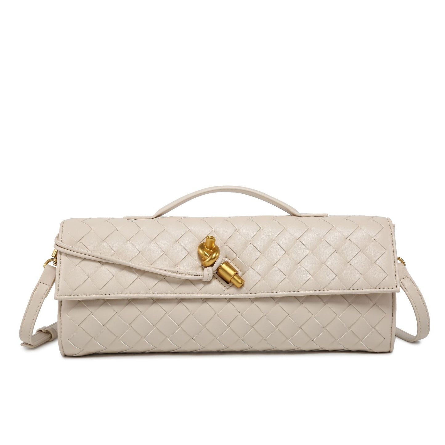 Women's Woven Shoulder Handbag with Top Handle and Flap Closure