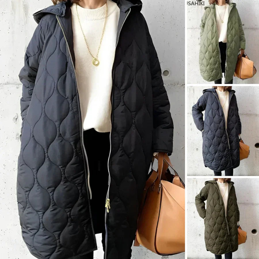 Women's Quilted Hooded Coat with Full Zip and Long Silhouette